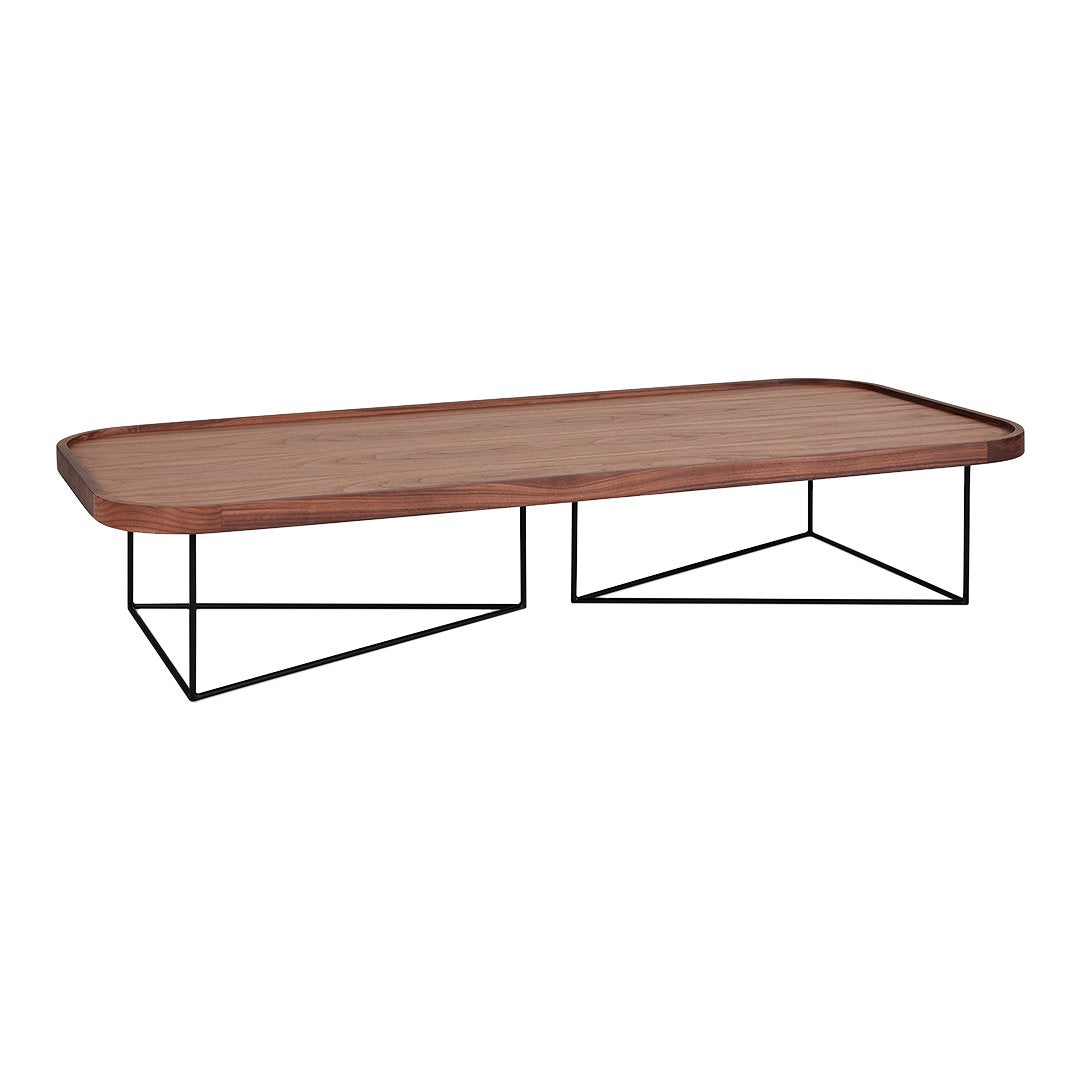 "Rectangular coffee table with a rich brown wood top and sleek black metal legs, featuring a smooth finish and modern design."
