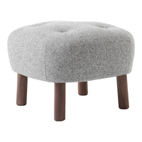 Gray tufted ottoman with wooden legs, featuring a soft, textured fabric. Stylish and versatile for any decor.
