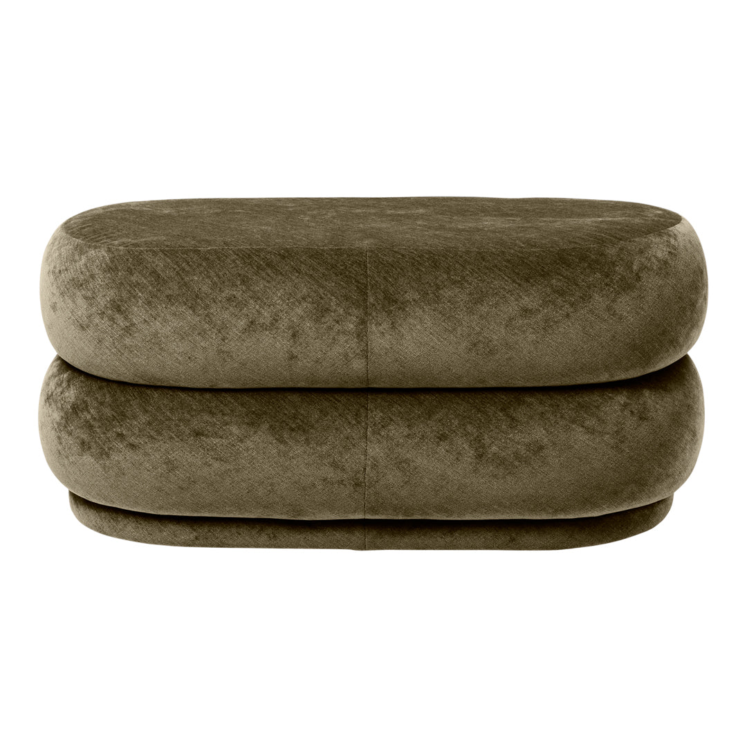 Olive green plush oval ottoman with a smooth, velvety texture and minimalistic design. Perfect for modern decor.
