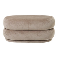 Beige upholstered ottoman with a smooth, rounded design, featuring a cozy, neutral color palette.