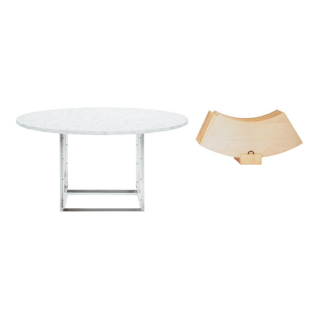 Round white marble table with a sleek silver base and light wood folding chairs, featuring a smooth, minimalist finish.