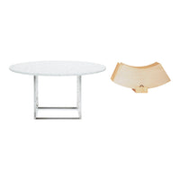 Round white marble table with a sleek silver base and light wood folding chairs, featuring a smooth, minimalist finish.