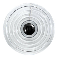 Clear glass bowl with concentric ripple patterns and a sleek black center, adding modern elegance to any decor.