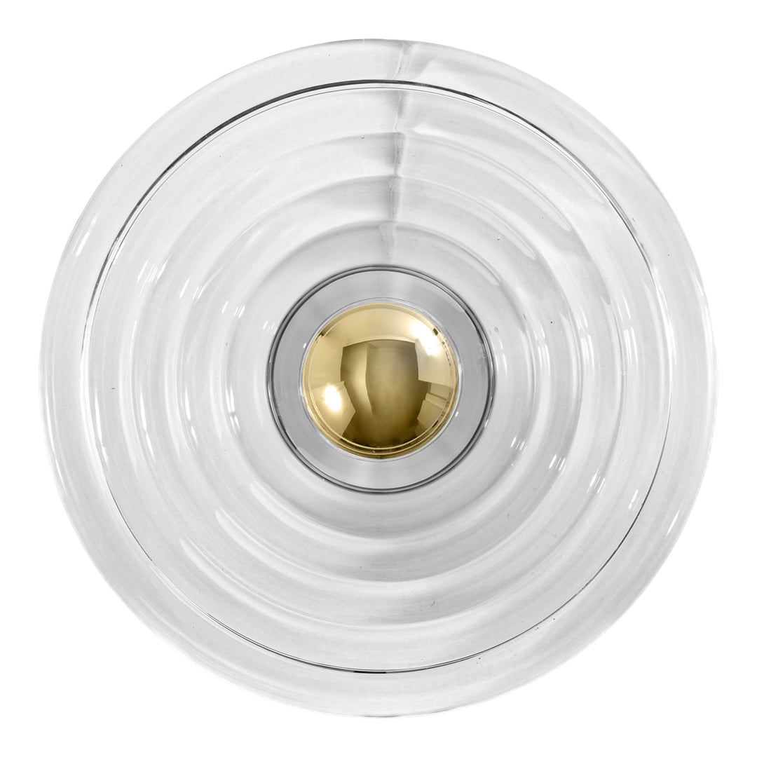 Clear glass circular lamp shade with a textured, rippled pattern and a golden center accent. Elegant and modern design.