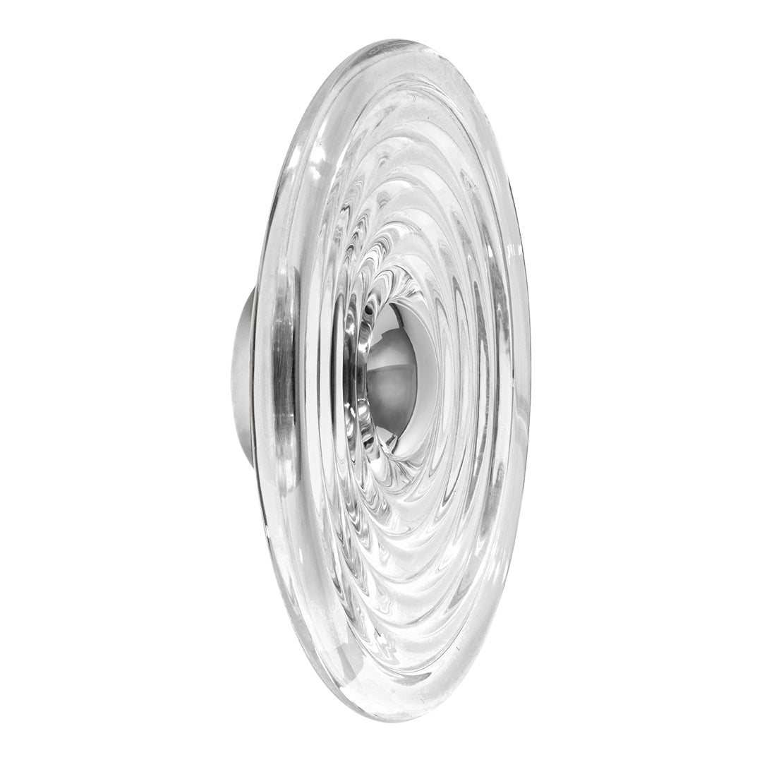 Clear glass knob with a swirling pattern, featuring a shiny silver center and a smooth, polished finish.