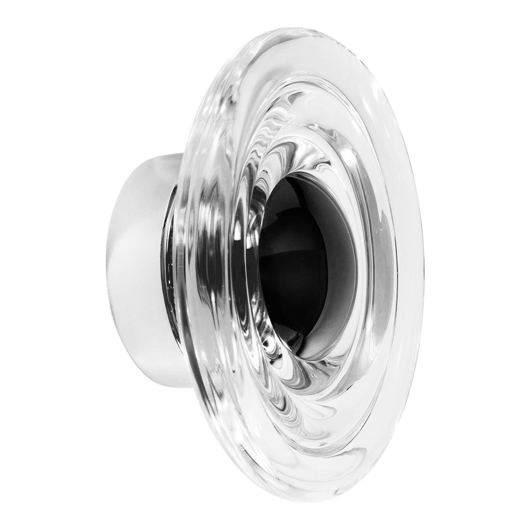 Clear glass and shiny silver speaker design with a sleek, modern finish. Stylish and minimalistic aesthetic.