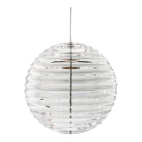 Clear glass pendant light with a spherical shape and textured ribbed pattern for added visual interest.