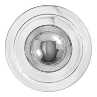 Clear glass bowl with sleek silver accents and concentric circular patterns, perfect for modern decor.