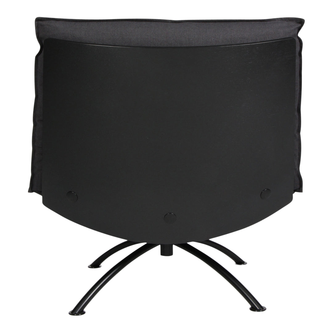 Black upholstered chair with a sleek, curved design and a minimalist metal base, perfect for modern interiors.