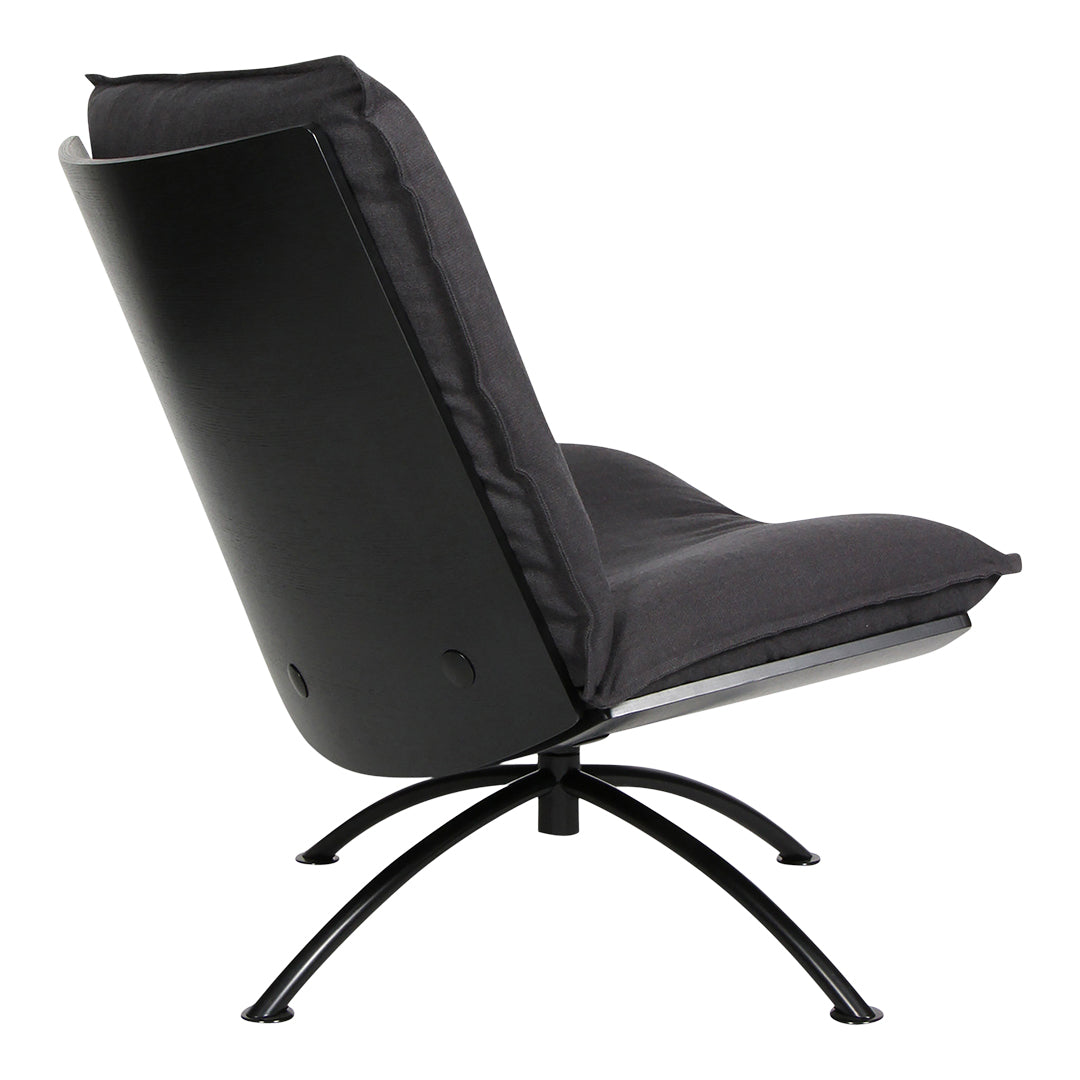 Modern black swivel chair with sleek lines and a minimalist design, featuring a smooth fabric and sturdy metal base.