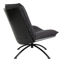 Modern black swivel chair with sleek lines and a minimalist design, featuring a smooth fabric and sturdy metal base.