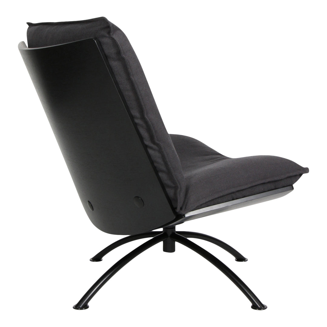 Black and gray upholstered lounge chair with a sleek, modern design and curved metal base.