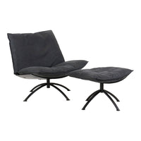 Black upholstered lounge chair with matching ottoman, featuring a sleek design and soft, textured fabric.