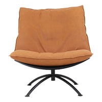 Brown suede lounge chair with a smooth, minimalist design and black metal base. Comfortable and stylish addition to any space.