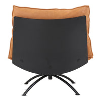 Black curved chair with tan leather cushion, featuring a sleek modern design and minimalist metal base.
