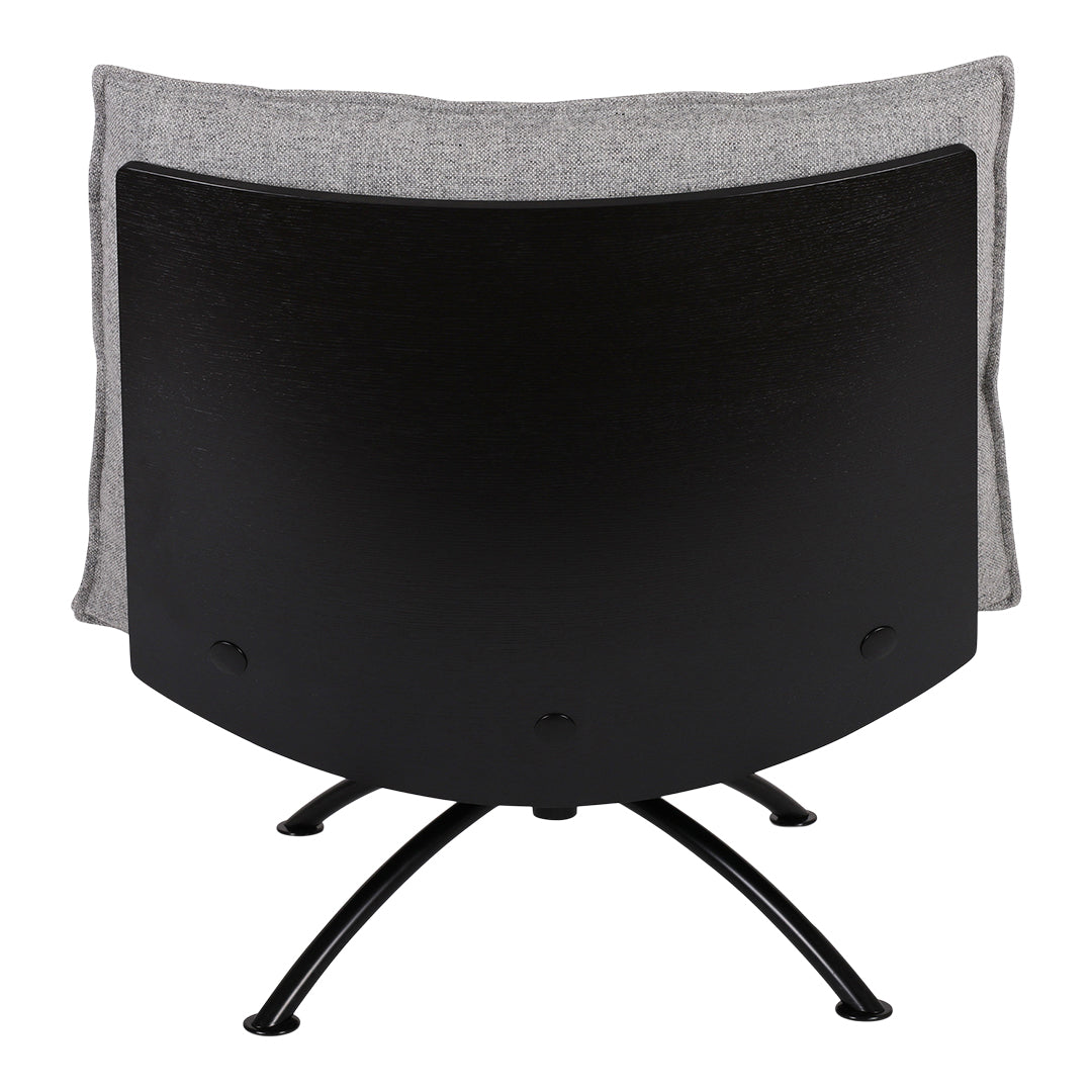 Curved black metal chair with a gray upholstered backrest and simple, modern design.