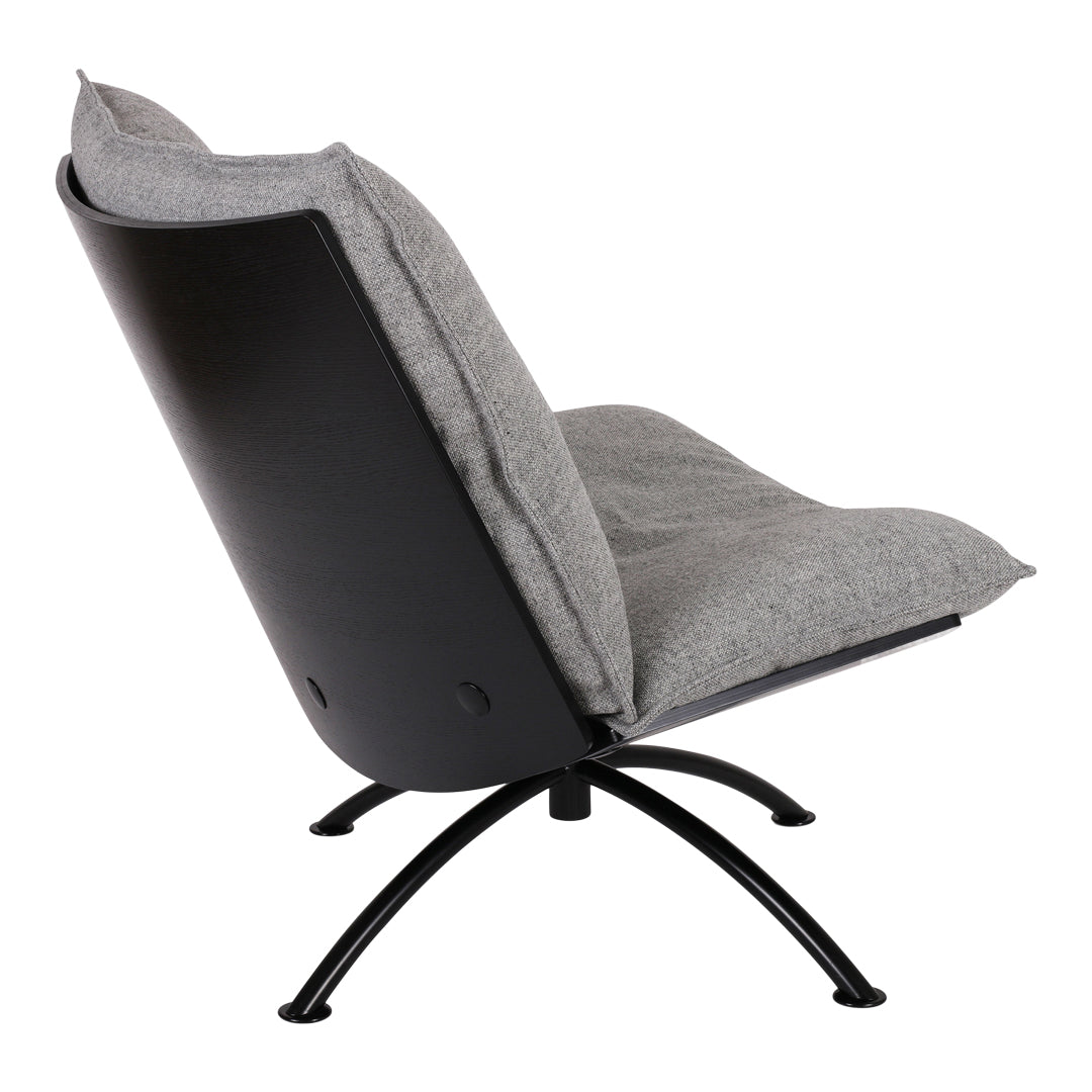 Gray fabric lounge chair with a sleek black metal base, featuring a modern minimalist design.