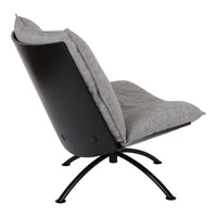 Gray fabric lounge chair with a sleek black metal base, featuring a modern minimalist design.