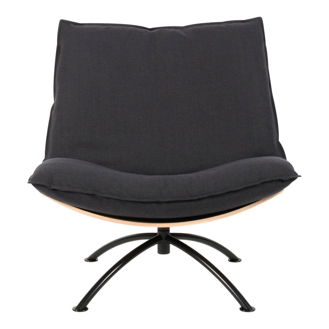 Modern black upholstered chair with a curved design and wooden accents on a sleek metal frame.
