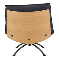 Stylish black and wood chair with a curved wooden back and black cushion, featuring sleek black metal legs.