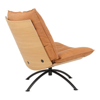 Taupe cushioned chair with a smooth wood backrest and matte black metal base. Modern, minimalist design.