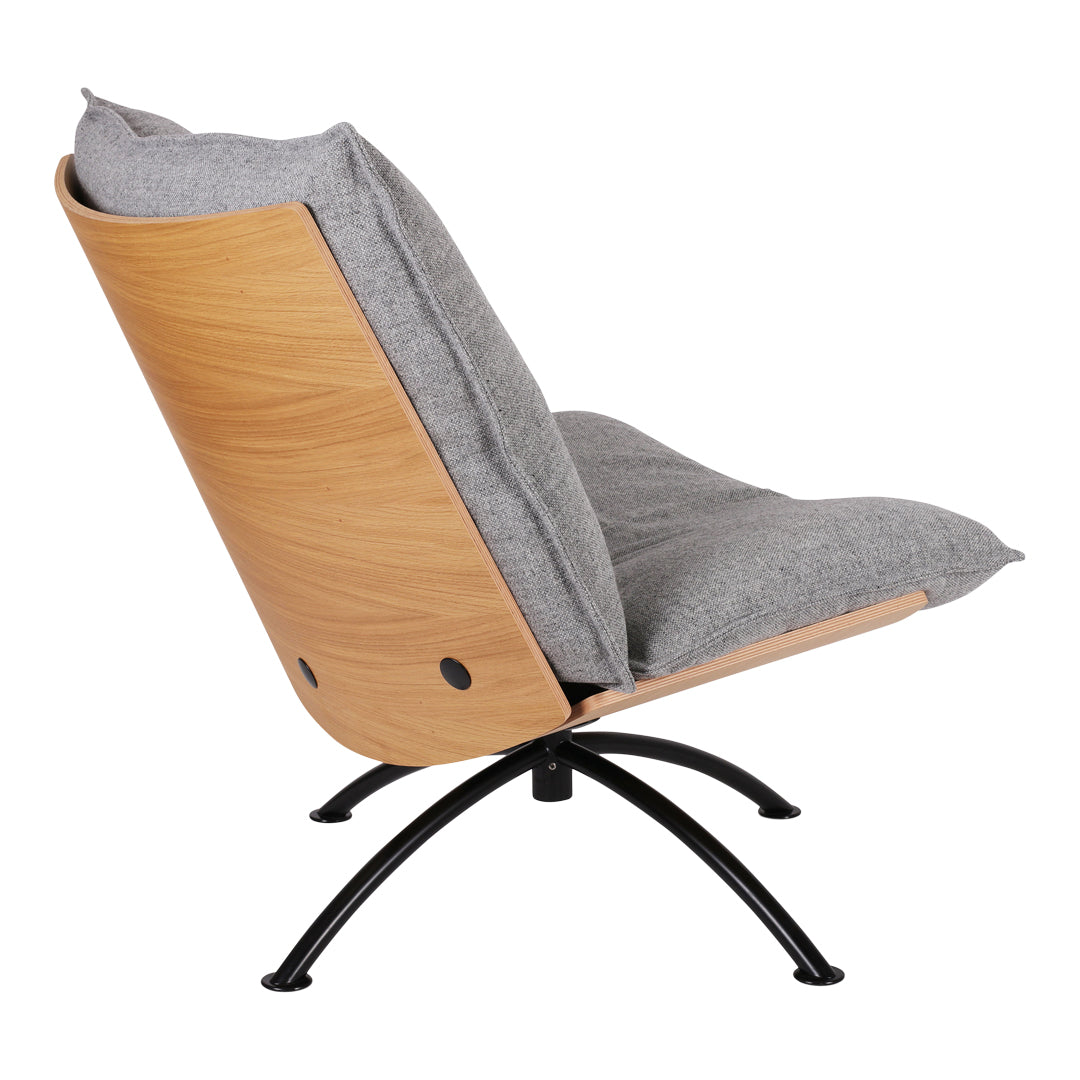 Gray upholstered lounge chair with a natural wood back and sleek black metal legs, showcasing a modern minimalist design.