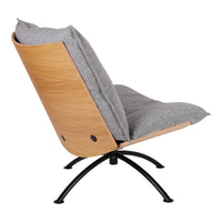 Gray upholstered lounge chair with a natural wood back and sleek black metal legs, showcasing a modern minimalist design.