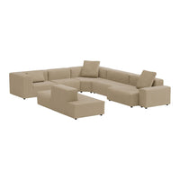 Beige sectional sofa with a modern, minimalistic design and smooth, textured fabric upholstery.