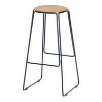 Bar stool with a natural wood seat and a sleek black metal frame, featuring a minimalist design.