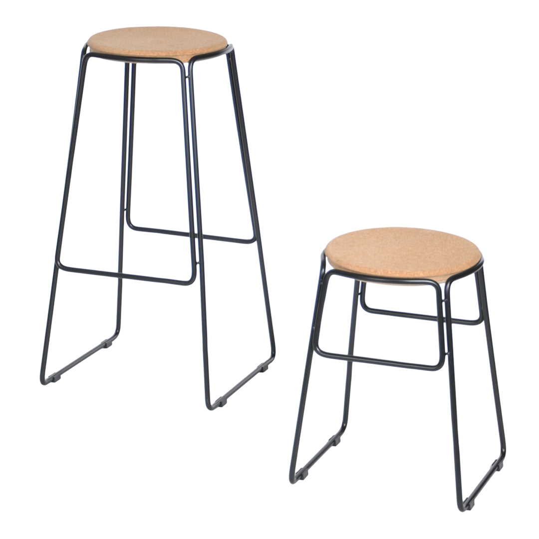 Set of two stools with a natural wood seat and minimalist black metal frame, featuring simple, modern design.