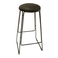 Black padded bar stool with a sleek black metal frame, featuring a minimalist design and smooth, round silhouette.