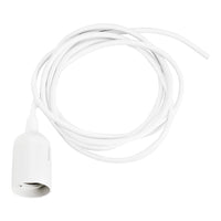 White pendant light socket with a long, sleek white cord, featuring a smooth texture and minimalistic design.