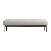 Light gray upholstered bench with a sleek black metal frame, featuring a minimalist design.