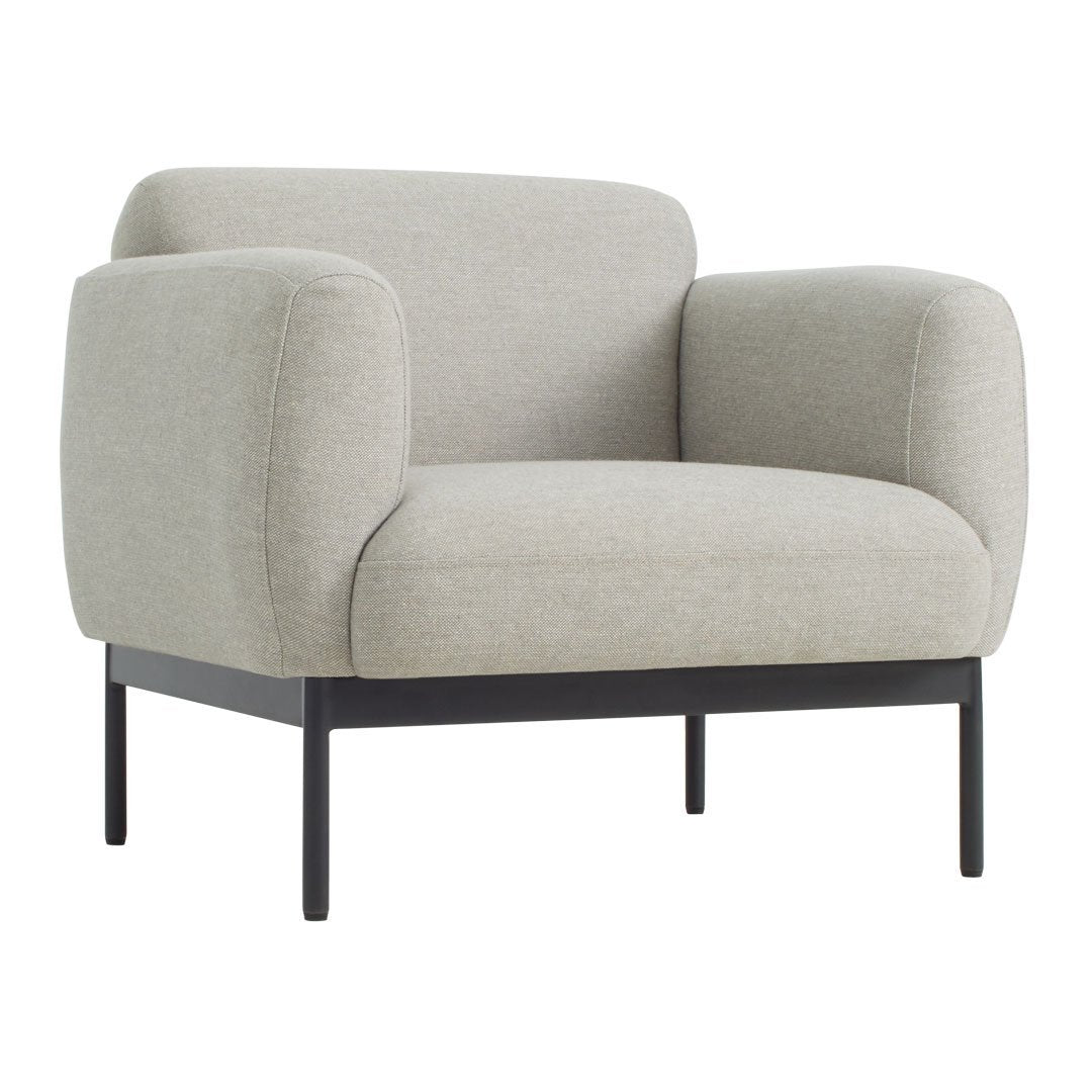 Light grey upholstered chair with clean lines and black metal legs, perfect for modern decor.