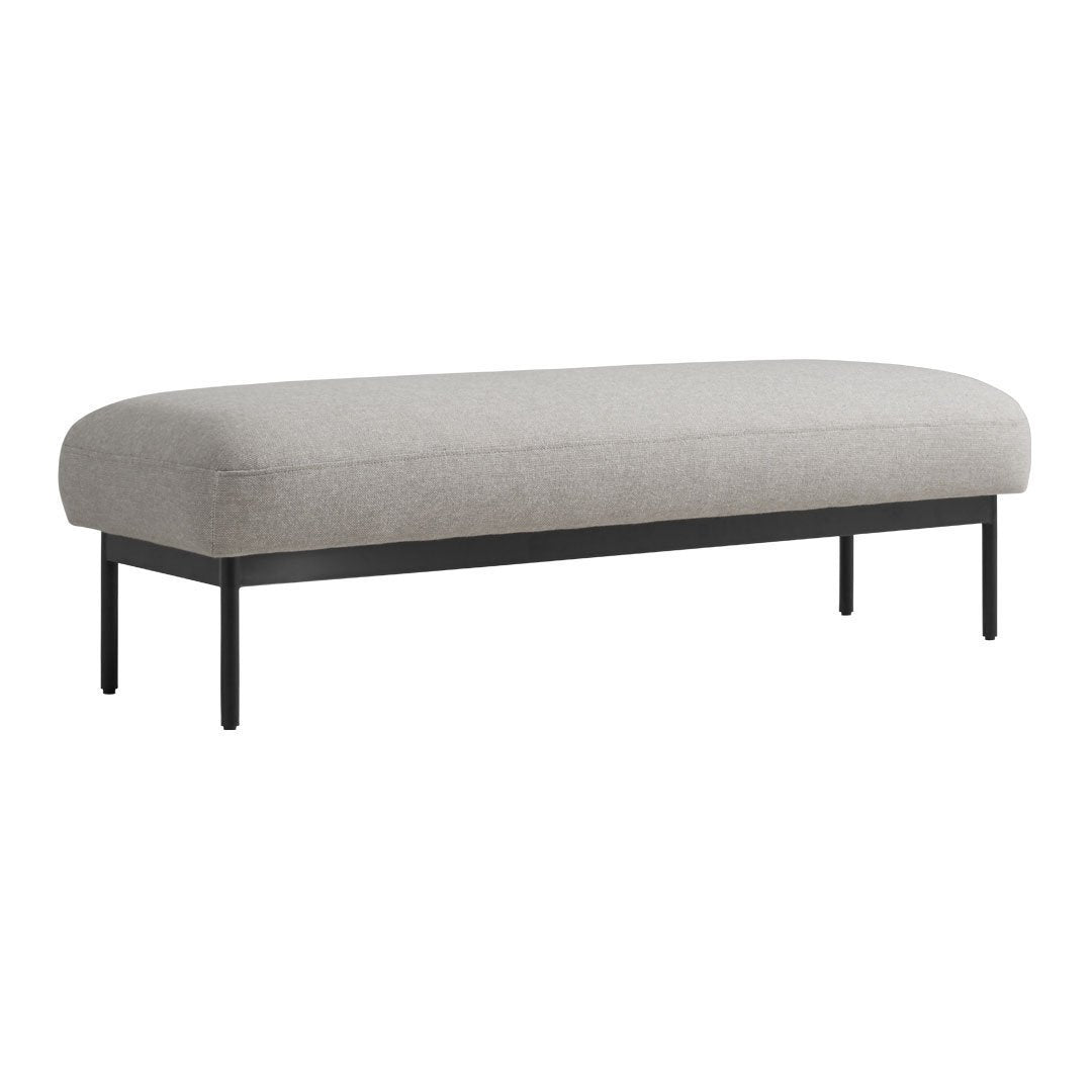 Gray upholstered bench with a sleek black metal frame, featuring a smooth, minimalist design.