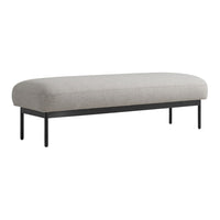 Gray upholstered bench with a sleek black metal frame, featuring a smooth, minimalist design.