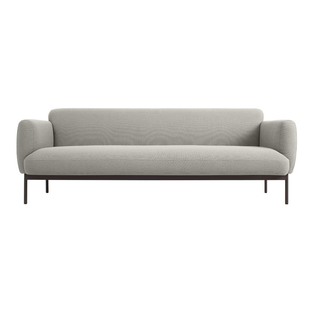 Light gray, textured upholstery sofa with sleek dark metal legs, perfect for modern interiors.