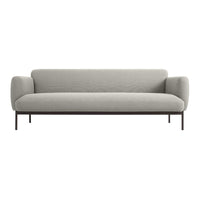 Light gray, textured upholstery sofa with sleek dark metal legs, perfect for modern interiors.