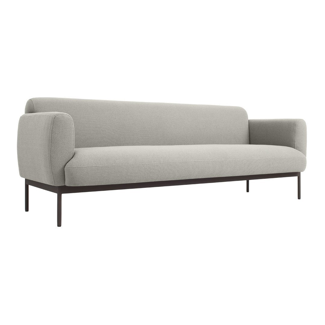 Light grey sofa with a smooth fabric texture and minimalist dark brown metal legs. Ideal for modern decor.