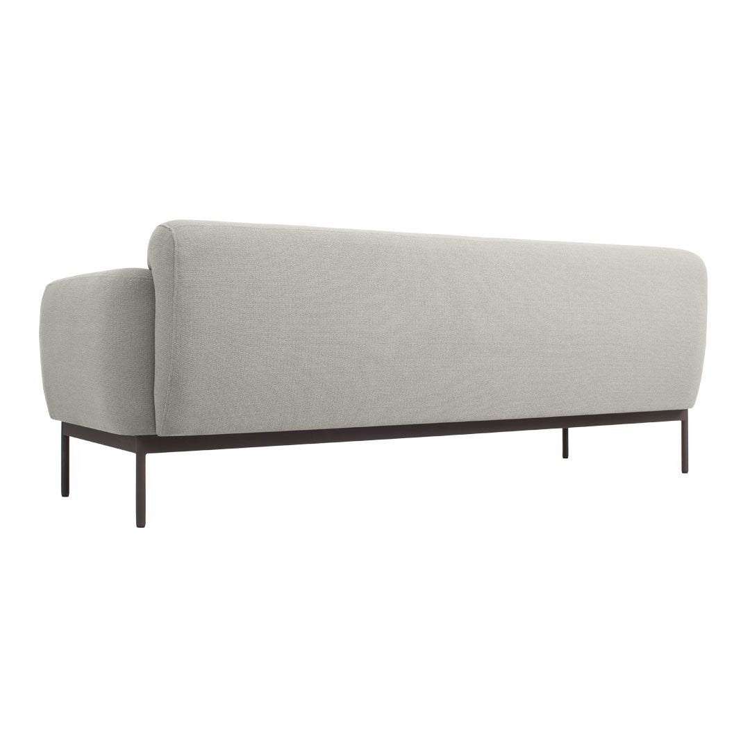 Light gray sofa with a smooth texture and minimalistic design, featuring black metal legs for a modern look.