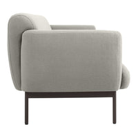 Gray upholstered sofa with sleek, modern lines and subtle textured fabric. Elegant dark metal legs for contemporary style.