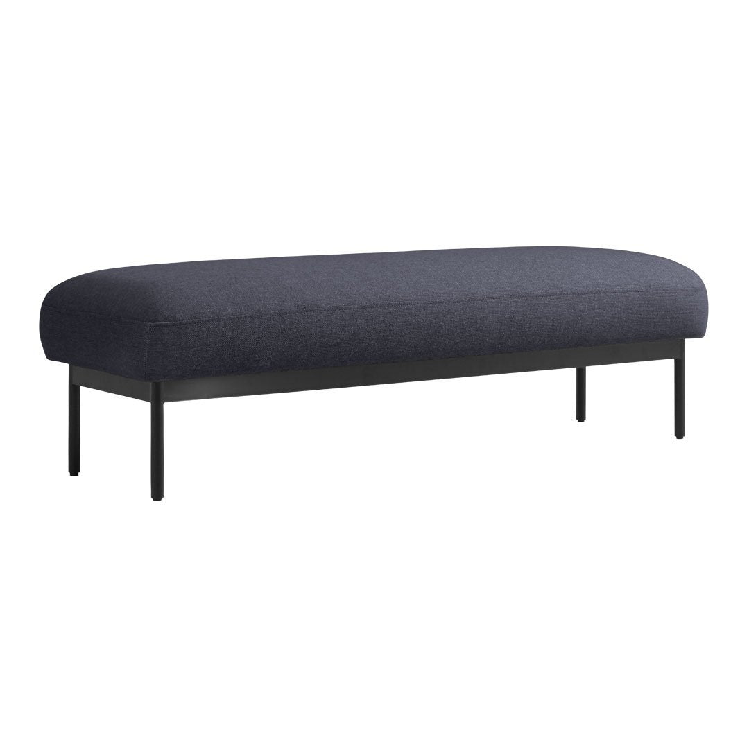 Stylish dark blue upholstered bench with sleek black metal legs, featuring a modern, minimalist design.