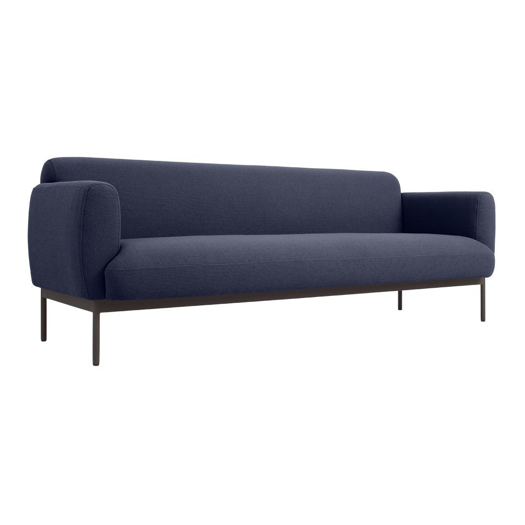 Navy blue fabric sofa with smooth, rounded arms and sleek black metal legs, offering a modern minimalist aesthetic.