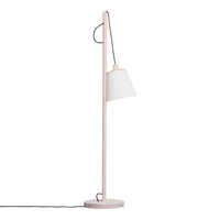 Minimalist wooden floor lamp with a soft white shade and natural wood finish. Perfect for modern decor.