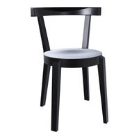Black wooden chair with a sleek, minimalist design and a round white cushion seat. Perfect for modern decor.