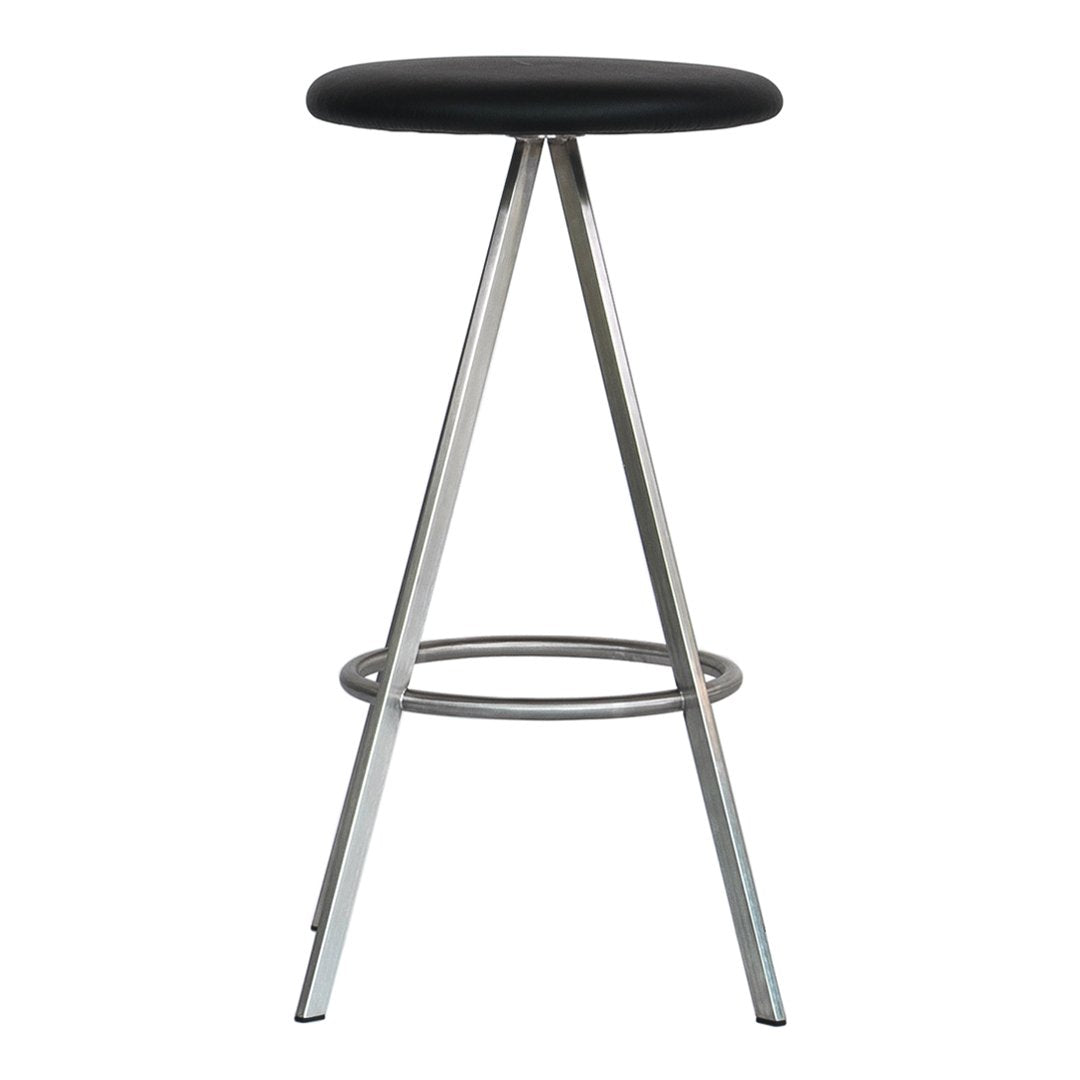 Black padded seat with sleek chrome legs, minimalist design for modern decor. Perfect for bar or kitchen use.