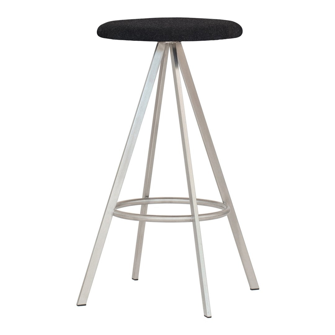 Black upholstered stool with sleek silver metal legs and a minimalist design. Ideal for modern interiors.