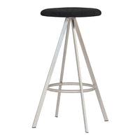 Black upholstered stool with sleek silver metal legs and a minimalist design. Ideal for modern interiors.