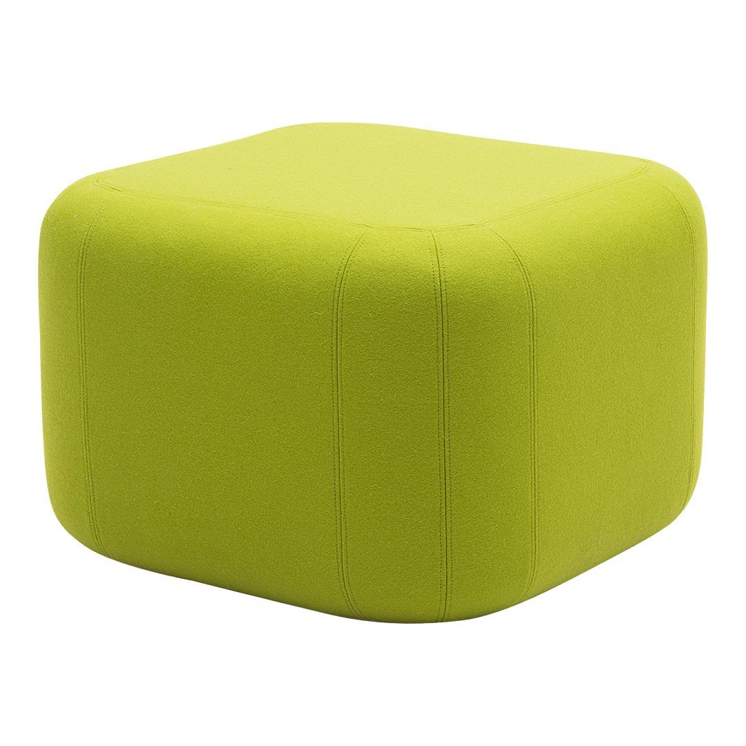 Bright lime green square pouf with a smooth, solid texture, perfect for contemporary decor.