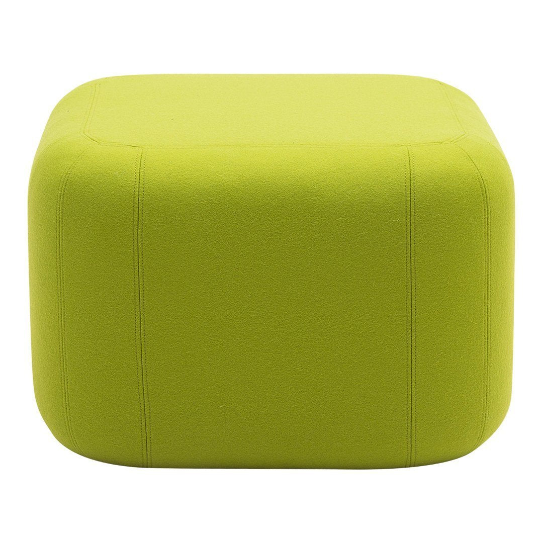 Vibrant green upholstered square ottoman with clean lines and a modern design. Perfect for accenting any space.
